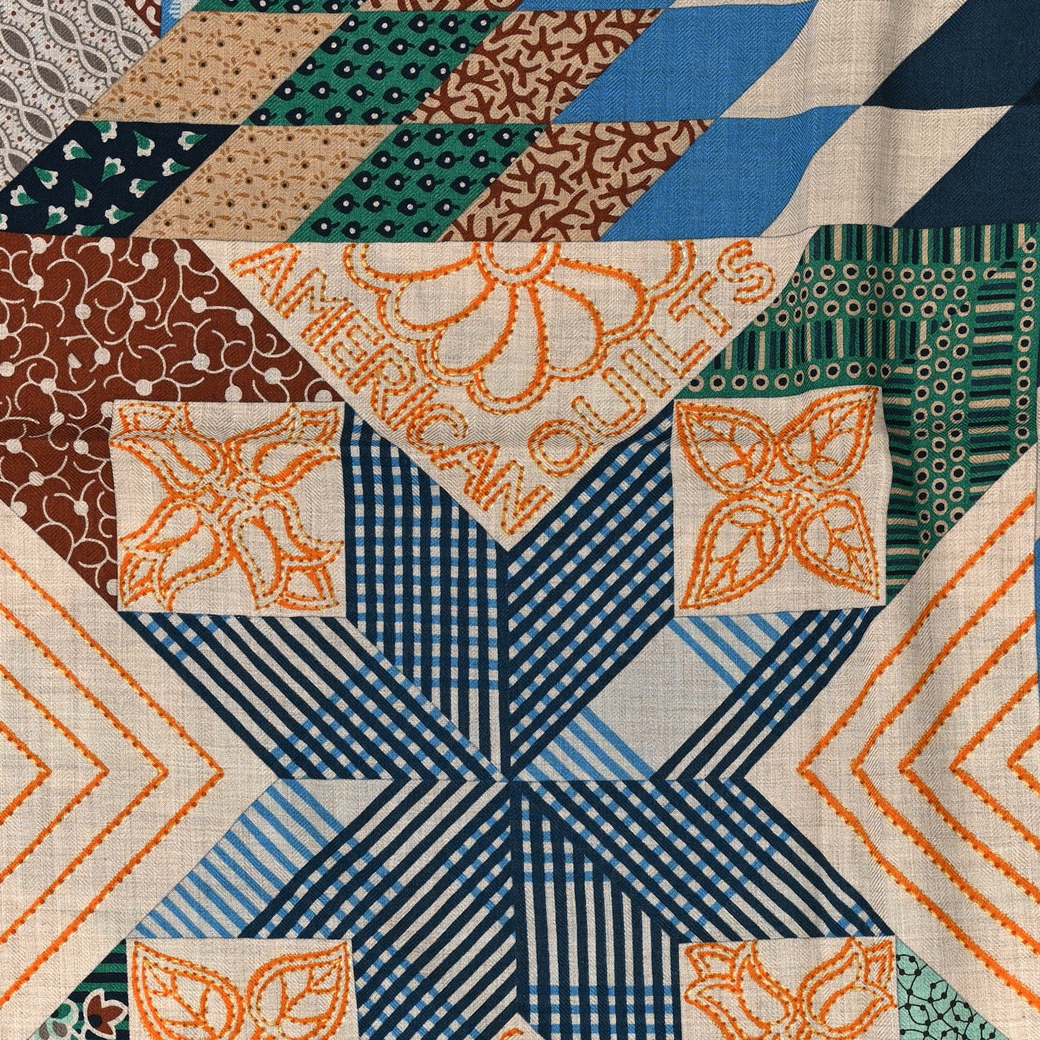 Hermes Cashmere Silk American Quilts Shawl 140 Noisette Natural Vert 5 of 5