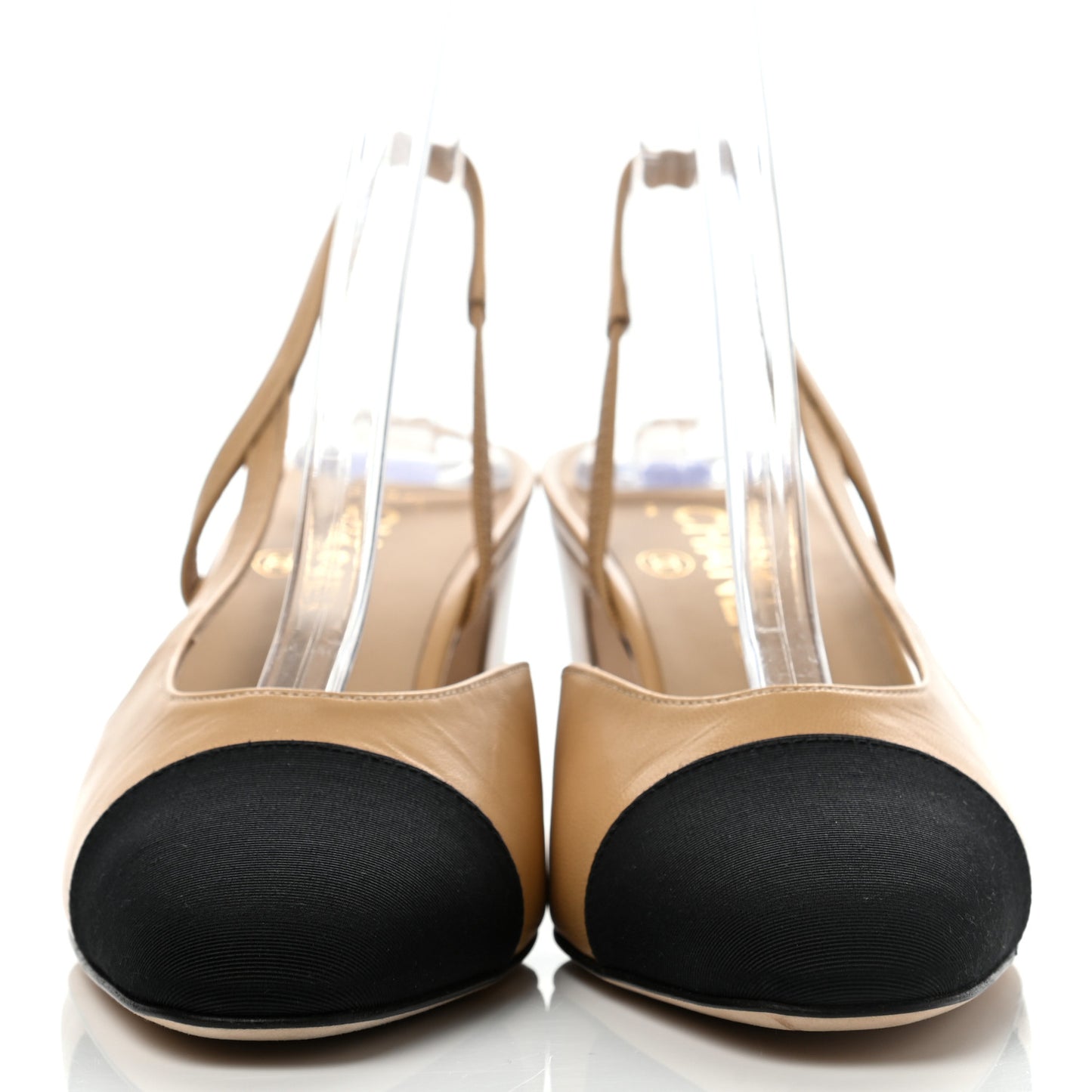 Goatskin Grosgrain Cap Toe CC Slingback Pumps 38 Beige Black