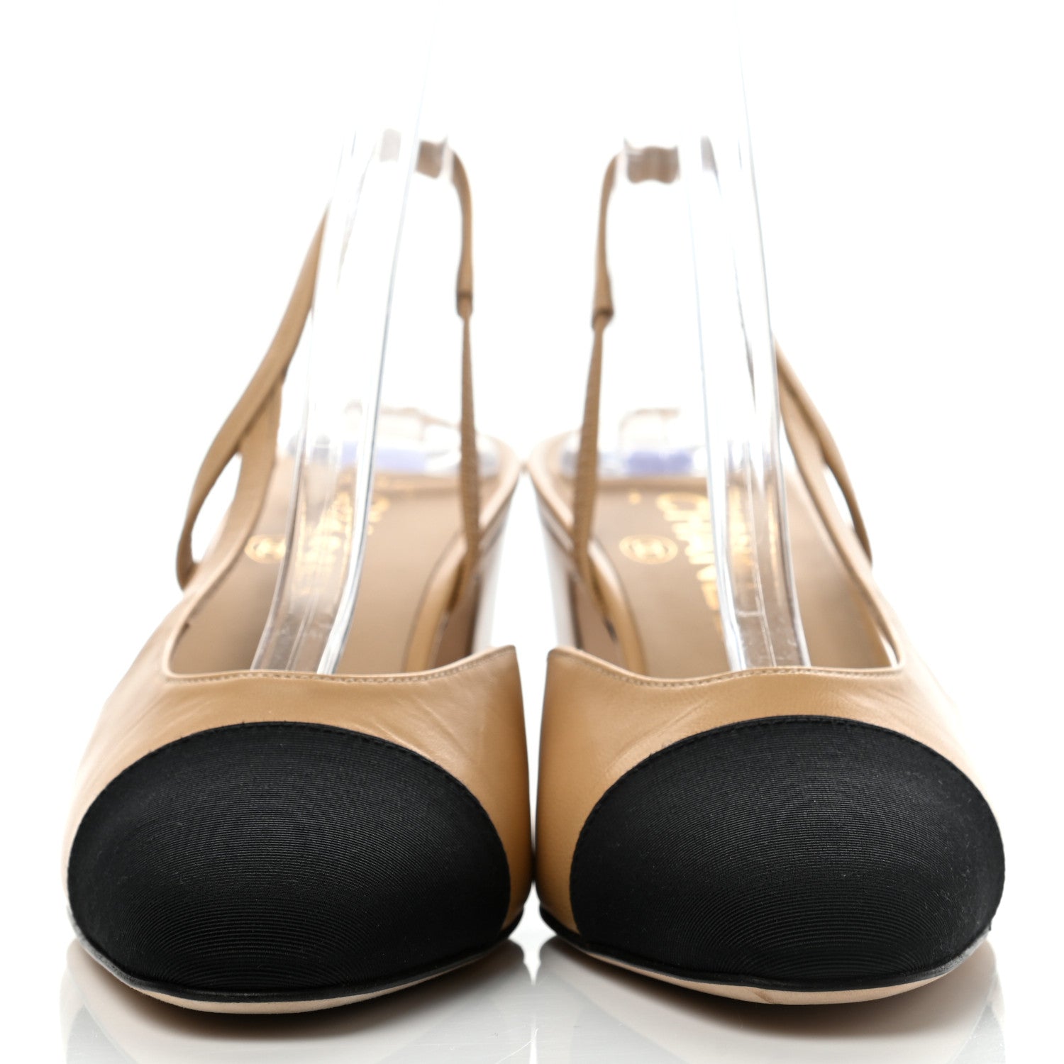 Chanel Goatskin Grosgrain Cap Toe CC Slingback Pumps 38 Beige Black 2 of 8