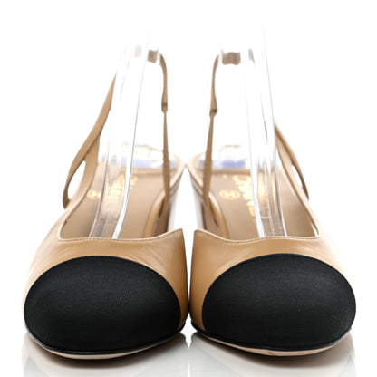 Chanel Goatskin Grosgrain Cap Toe CC Slingback Pumps 38 Beige Black 2 of 8