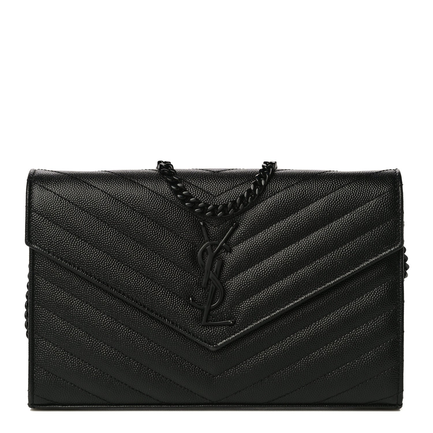 Saint Laurent Grain De Poudre Matelasse Chevron Monogram Chain Wallet Black 1 of 12