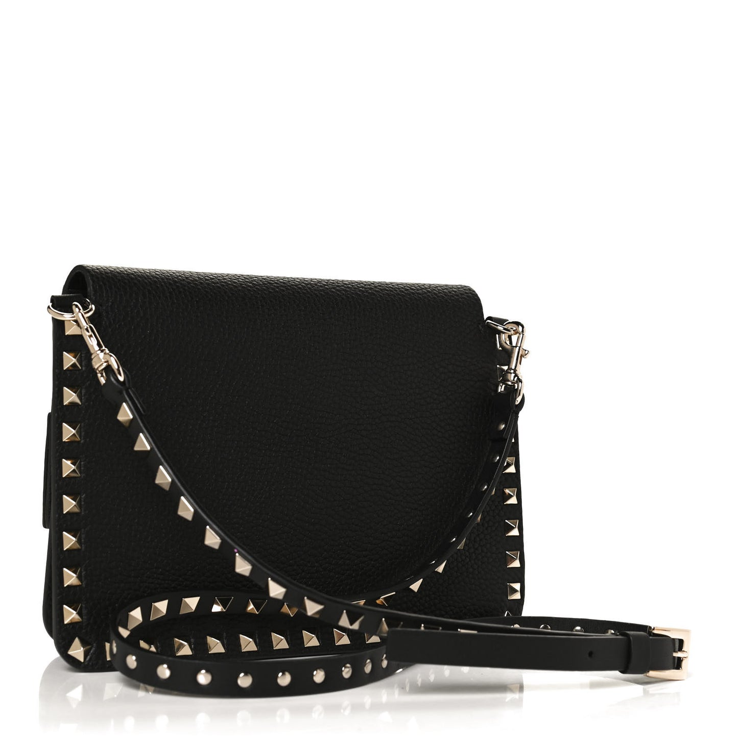 Pebbled Calfskin Rockstud Side Slip Crossbody Black