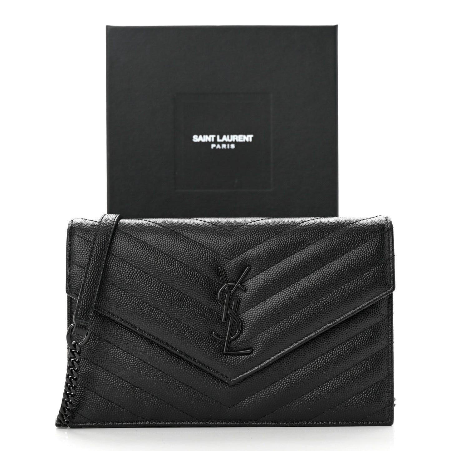 Grain De Poudre Matelasse Chevron Monogram Monochrome Envelope Chain Wallet Black