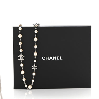 Chanel Graduated Pearl Crystal CC Long Necklace Silver 7 of 7