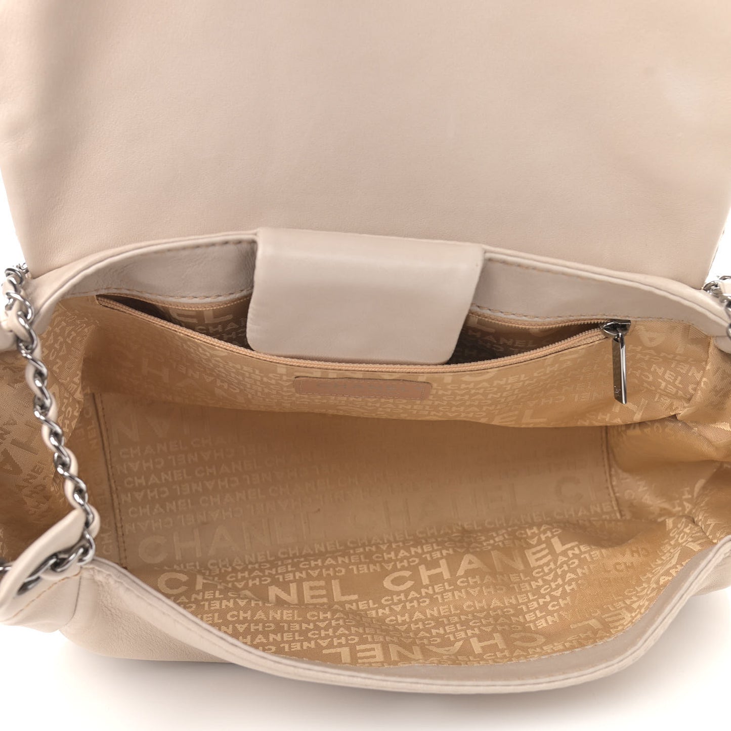 Lambskin Contrast Stitch Surpique Accordion Flap Beige