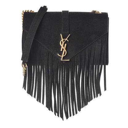 Saint Laurent Suede Fringe Small Monogram Satchel Black 1 of 9