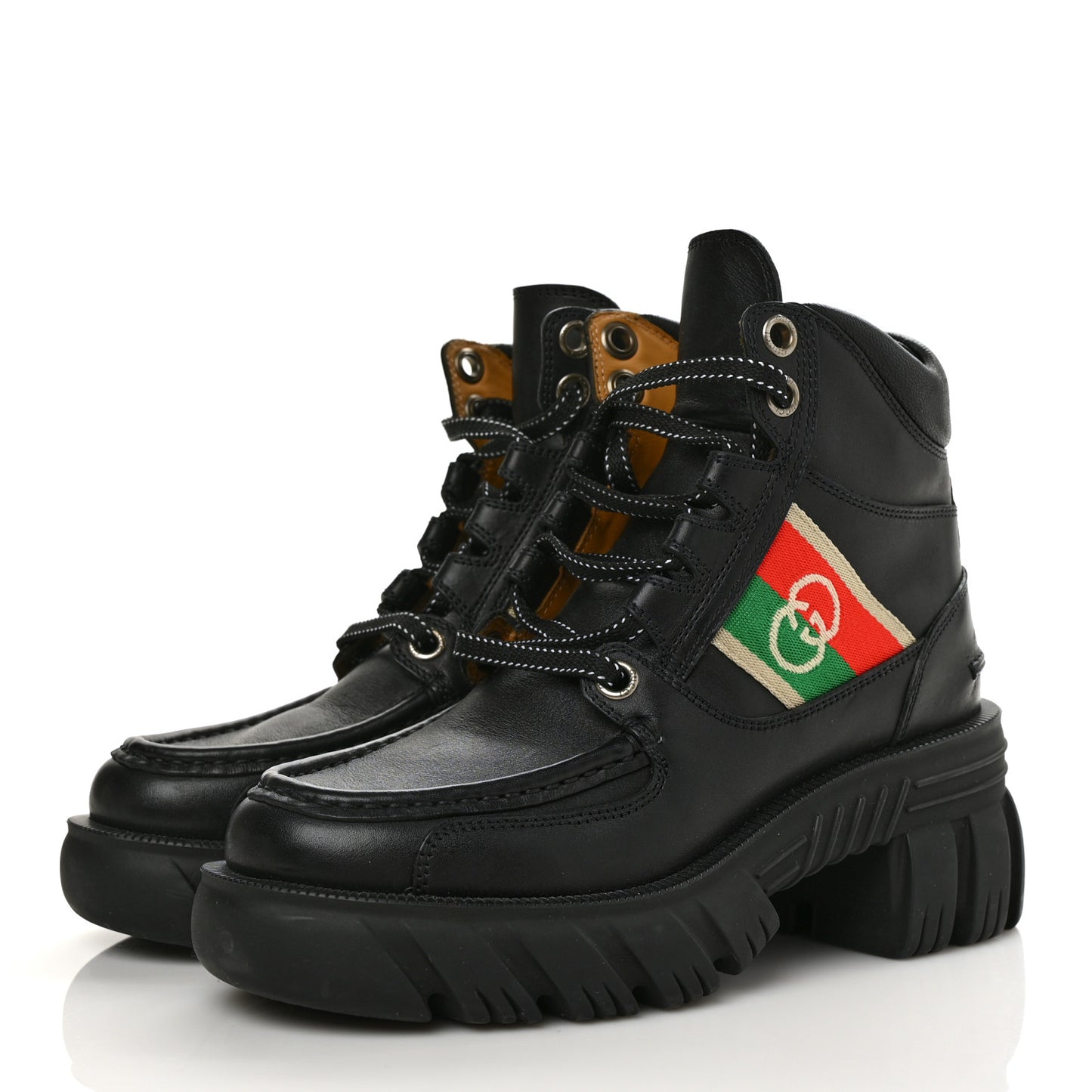 Quebec Calfskin Web Womens Interlocking G Lace Up Combat Boots 35 Black Mystic White Green Red