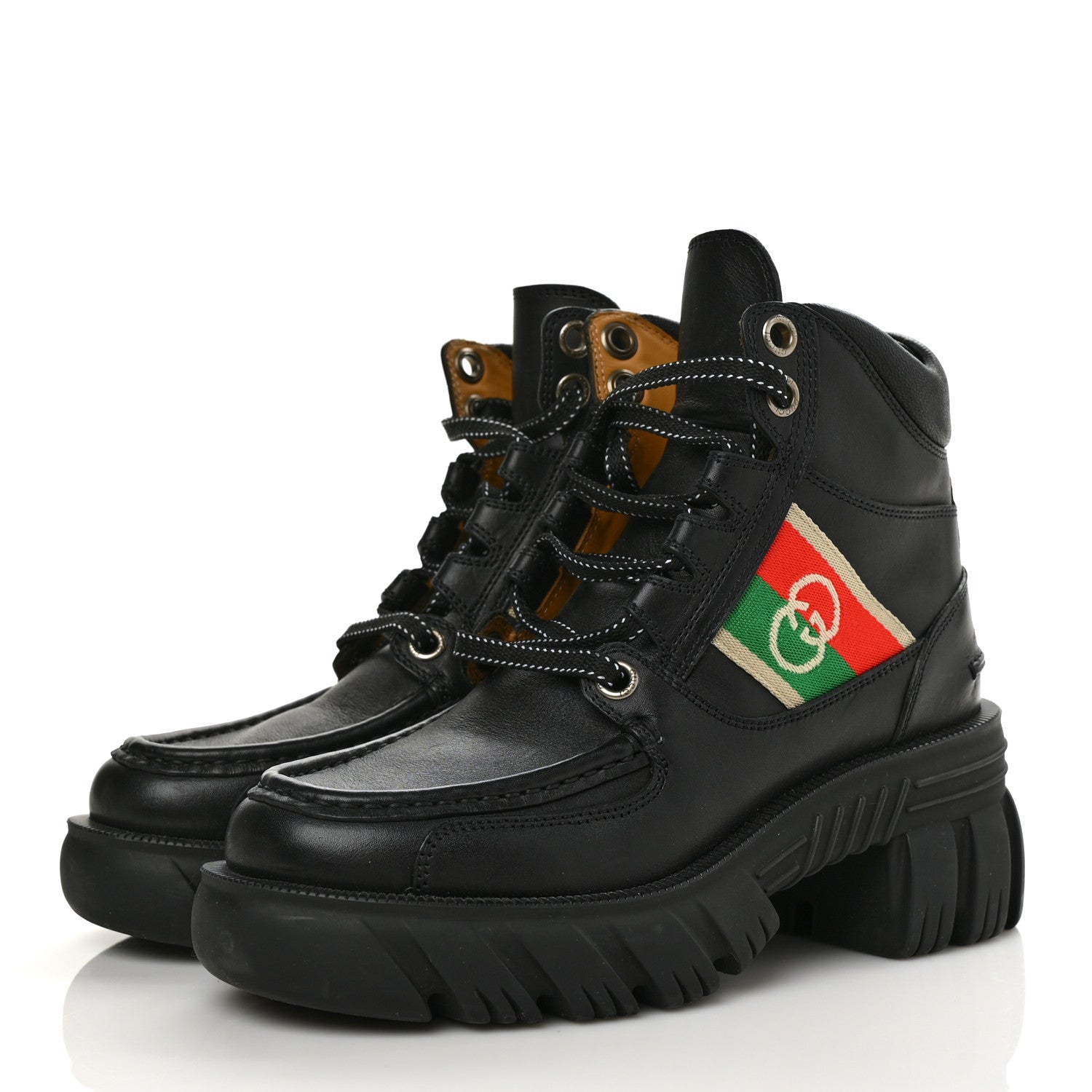 Gucci Quebec Calfskin Web Womens Interlocking G Lace Up Combat Boots 35 Black Mystic White Green Red 3 of 10