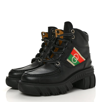 Gucci Quebec Calfskin Web Womens Interlocking G Lace Up Combat Boots 35 Black Mystic White Green Red 3 of 10