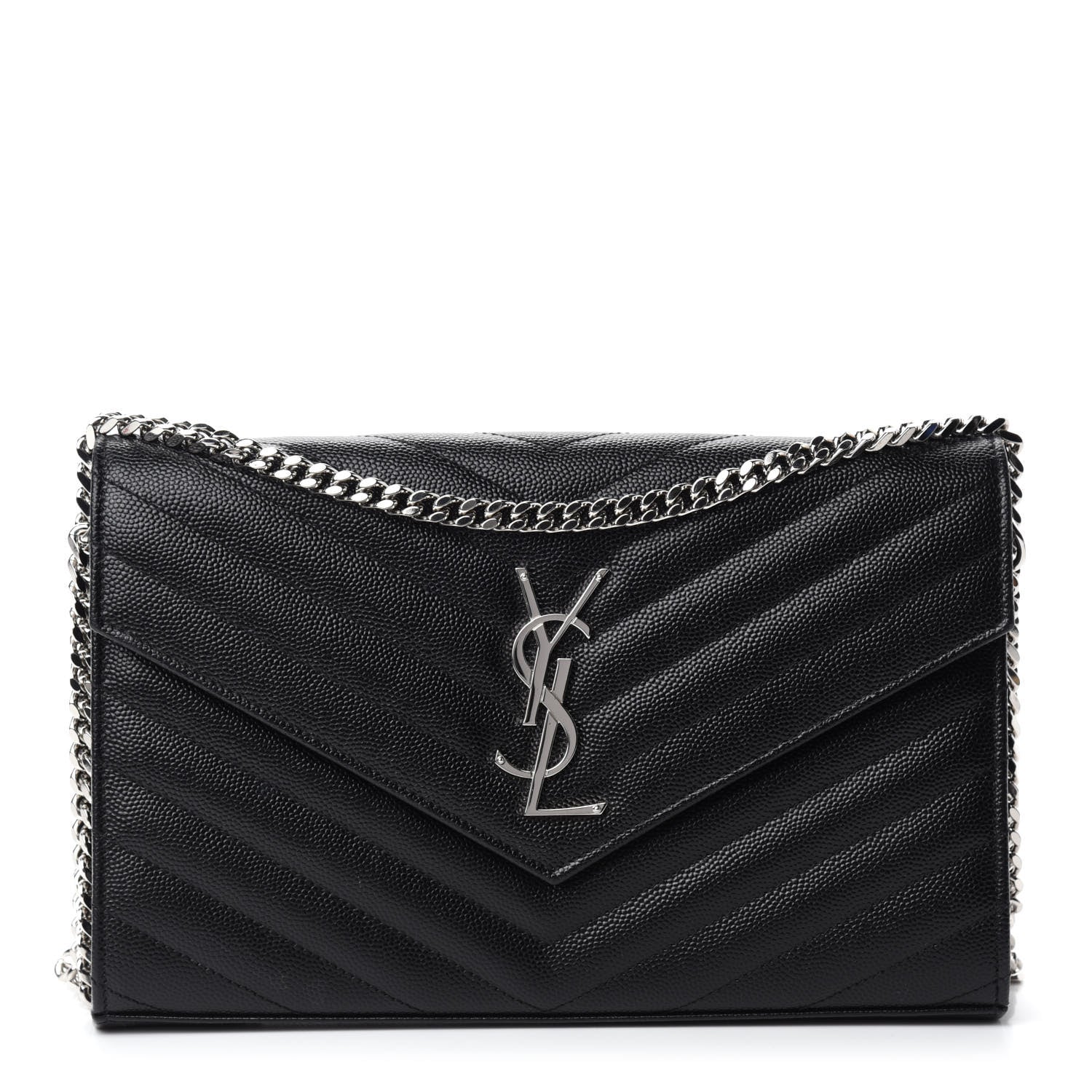 Saint Laurent Grain De Poudre Matelasse Chevron Monogram Chain Wallet Black 1 of 13