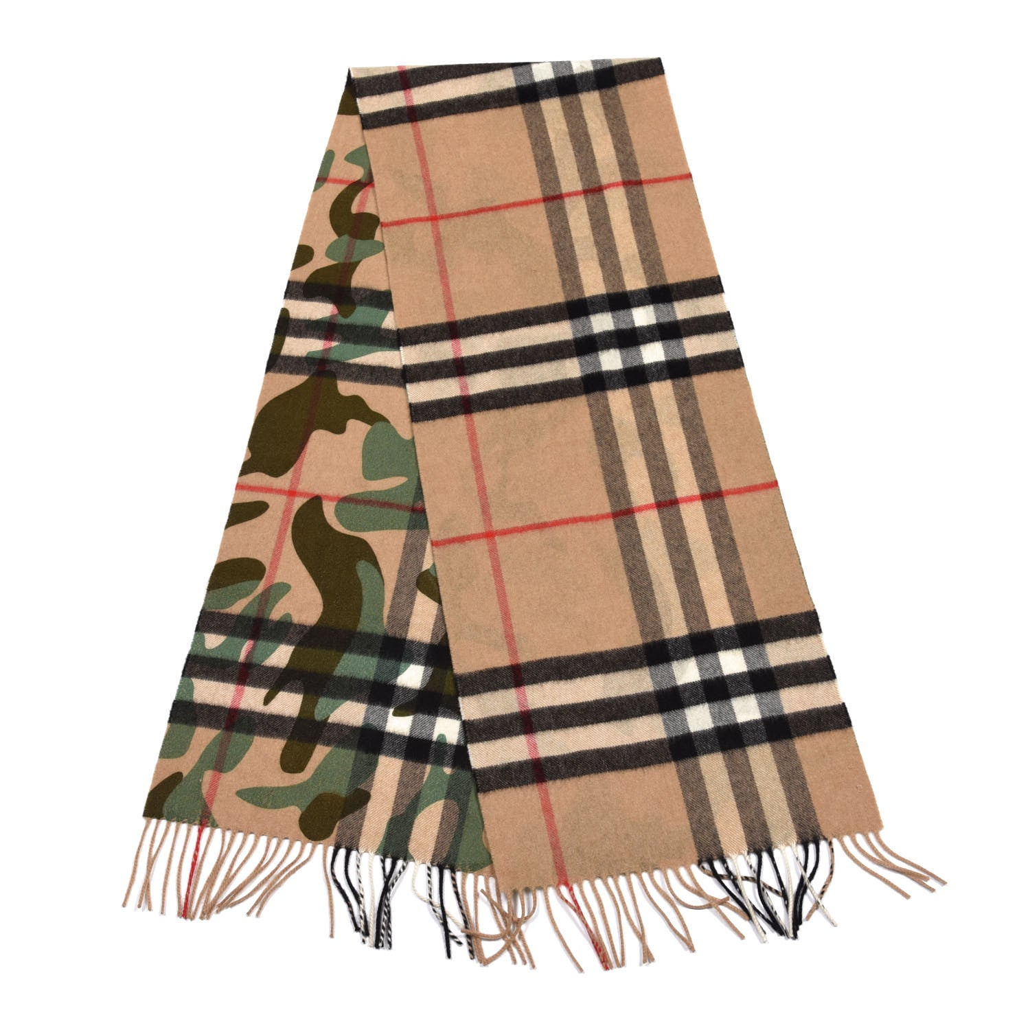 Burberry Cashmere Camoflauge Print Giant Check Fringe Scarf Pine Green 2 of 3