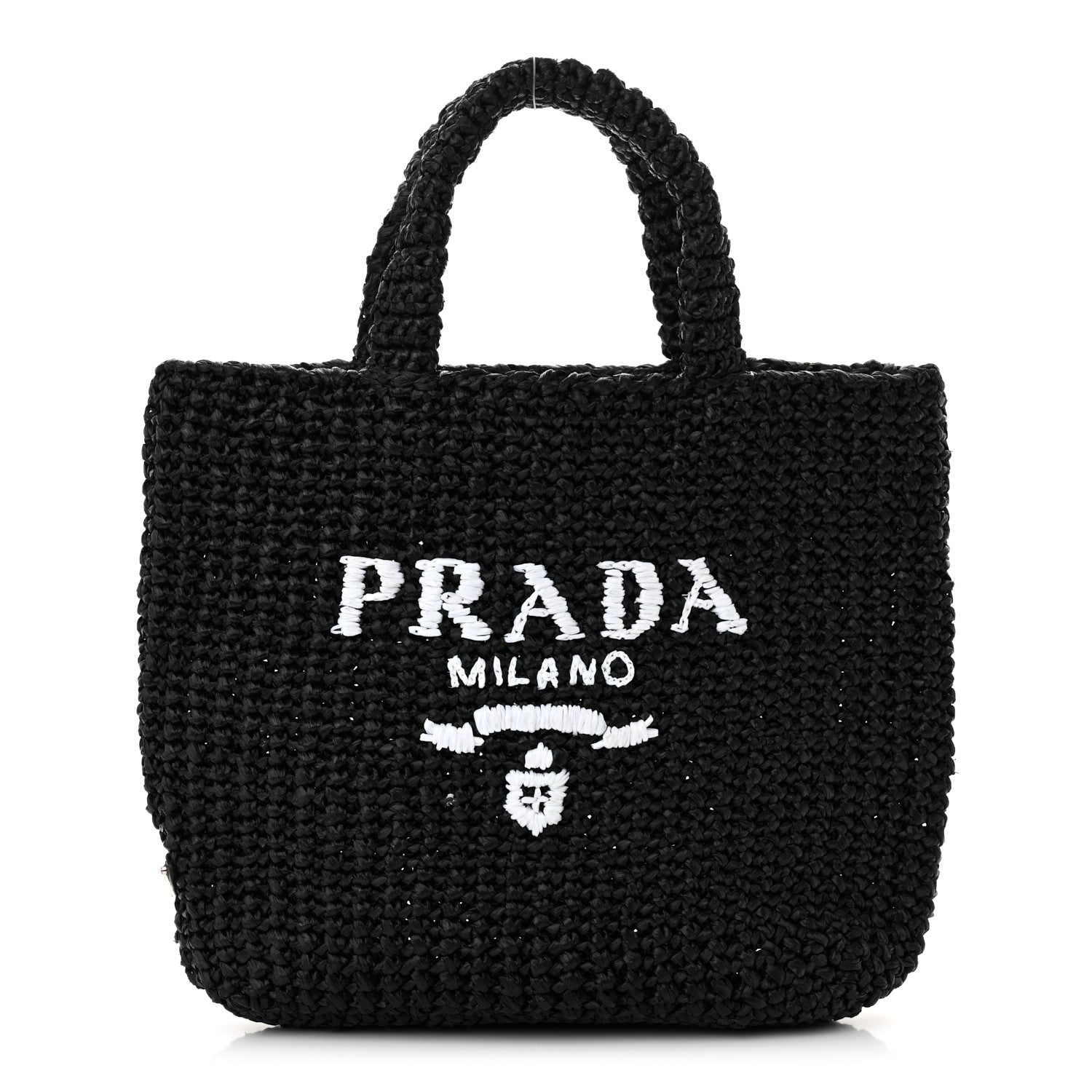 Prada Yarn Raffia Effect Crochet Small Logo Tote Black 1 of 10