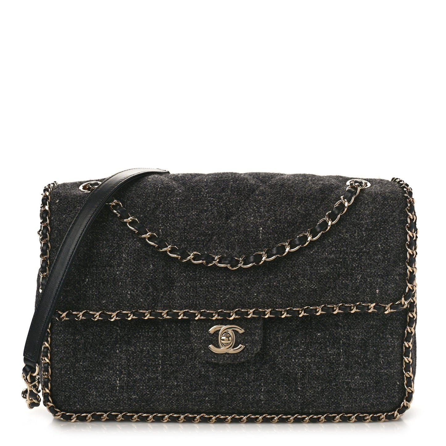 Wool Tweed Quilted Coco Neige Chain Around Flap Black