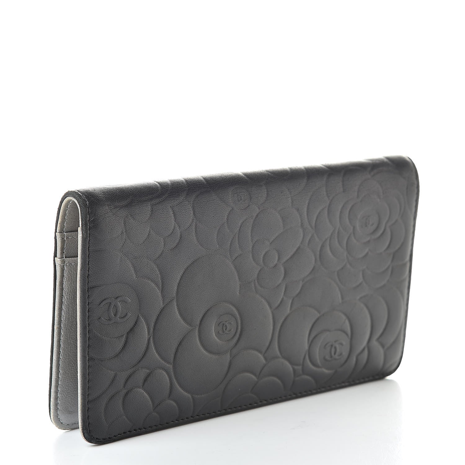 Chanel Lambskin Camellia Embossed Yen Wallet Black 3 of 12