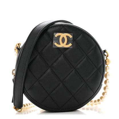 Chanel Lambskin Quilted Pearl Chain Round Clutch With Chain Black 1 of 14