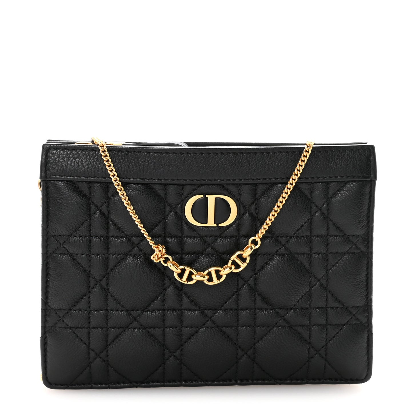 Calfskin Cannage Caro Zipped Pouch With Chain Black