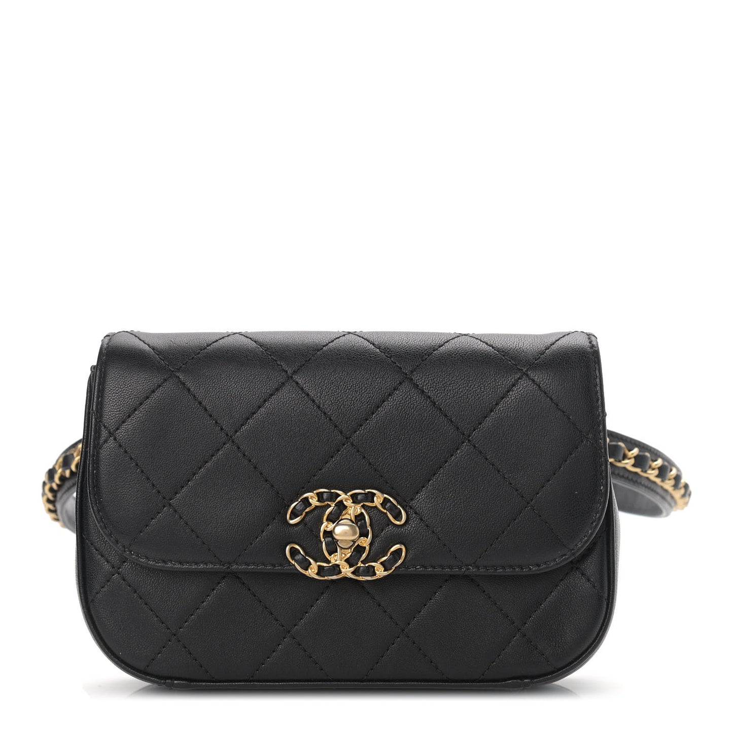 Lambskin Quilted Chain Infinity Waist Belt Bag Black