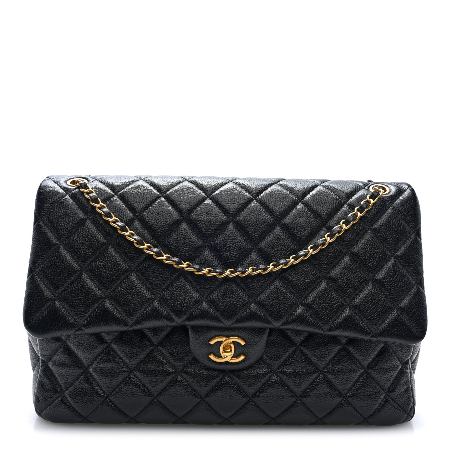 Grained Calfskin Quilted XXL Travel Flap Bag Black