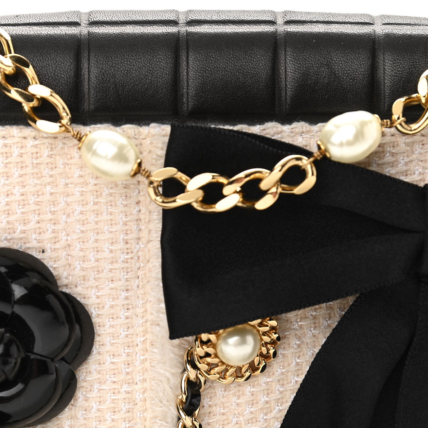 Tweed Jersey Lambskin Camellia Flap Chocolate Bar Pearl Chain Flap Black Beige