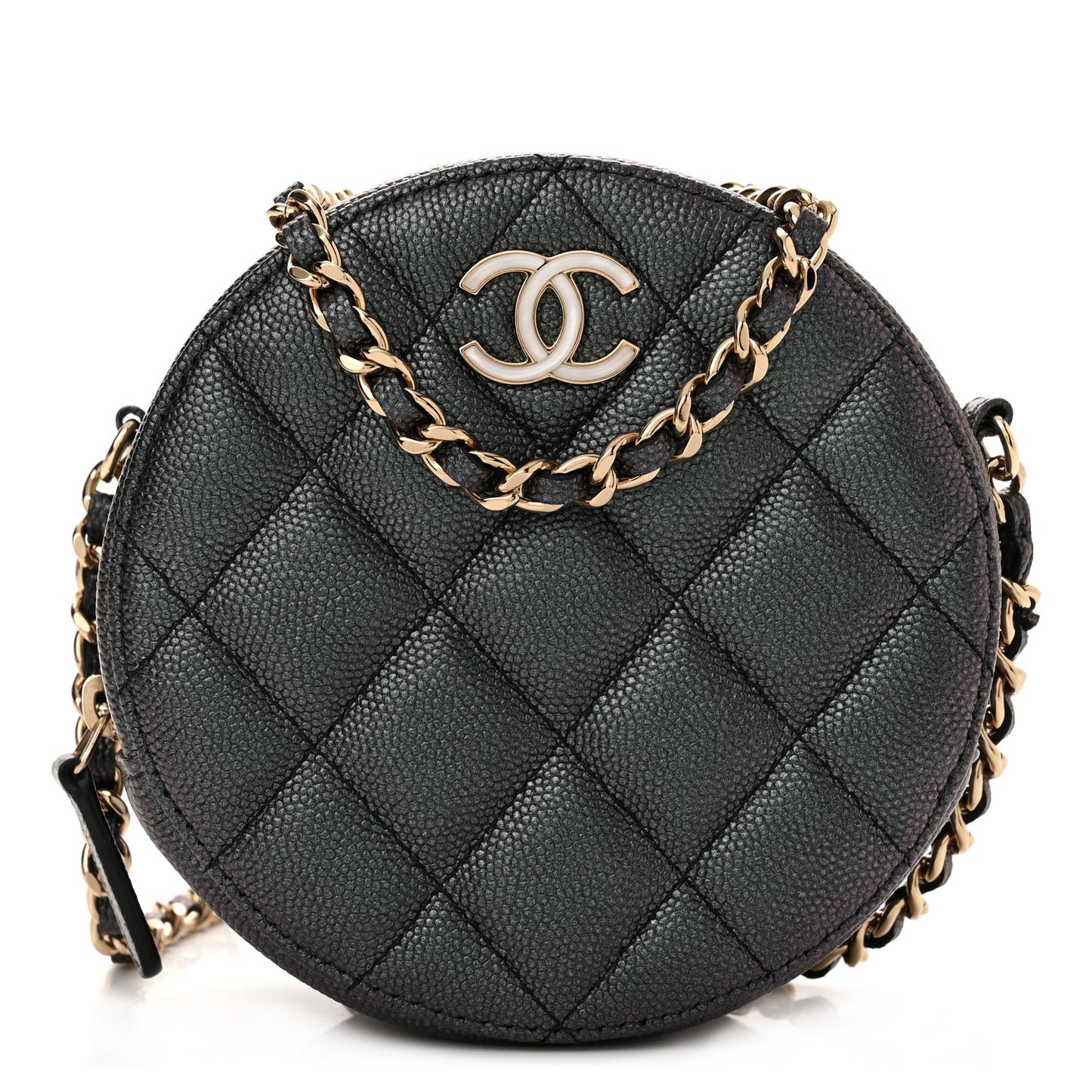 Iridescent Caviar Quilted Round Clutch With Chain Black