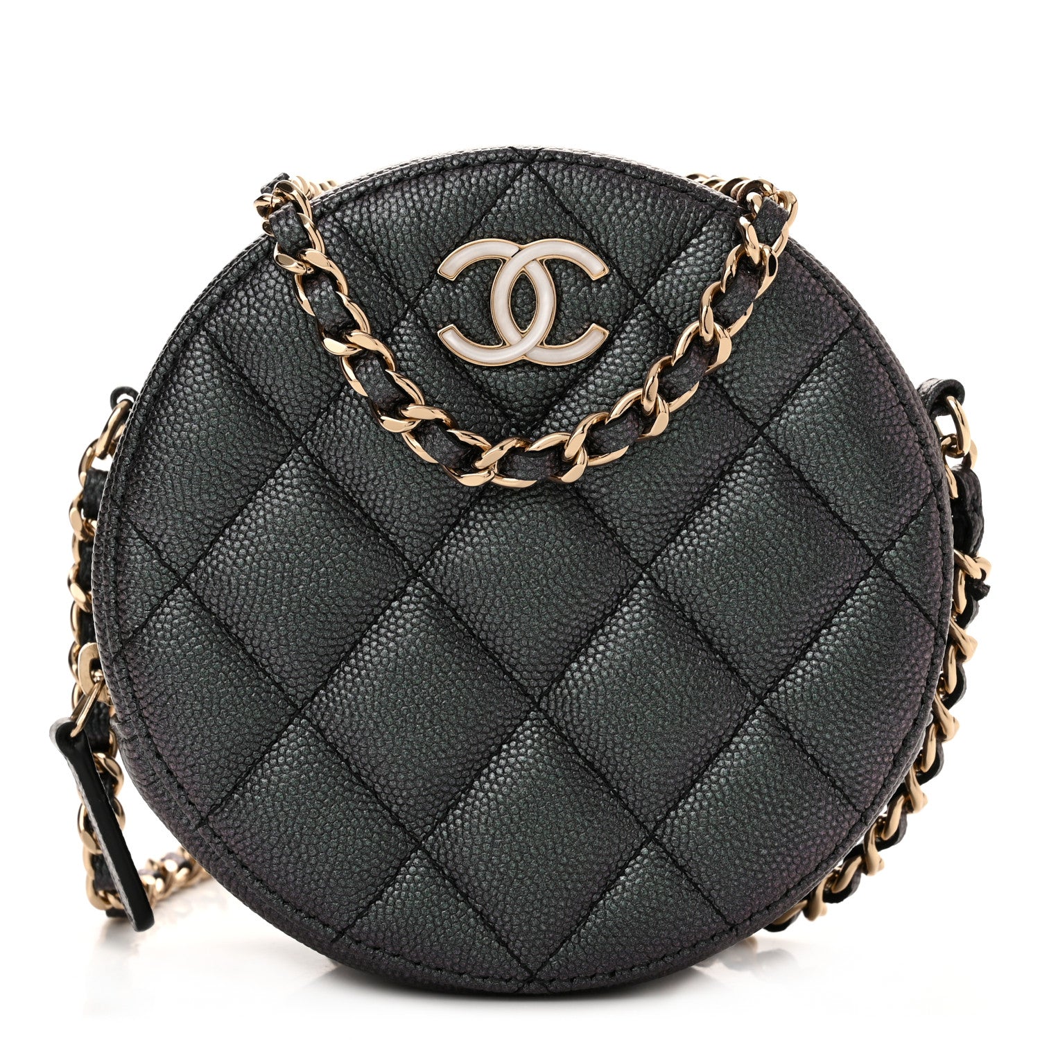Chanel Iridescent Caviar Quilted Round Clutch With Chain Black 1 of 11