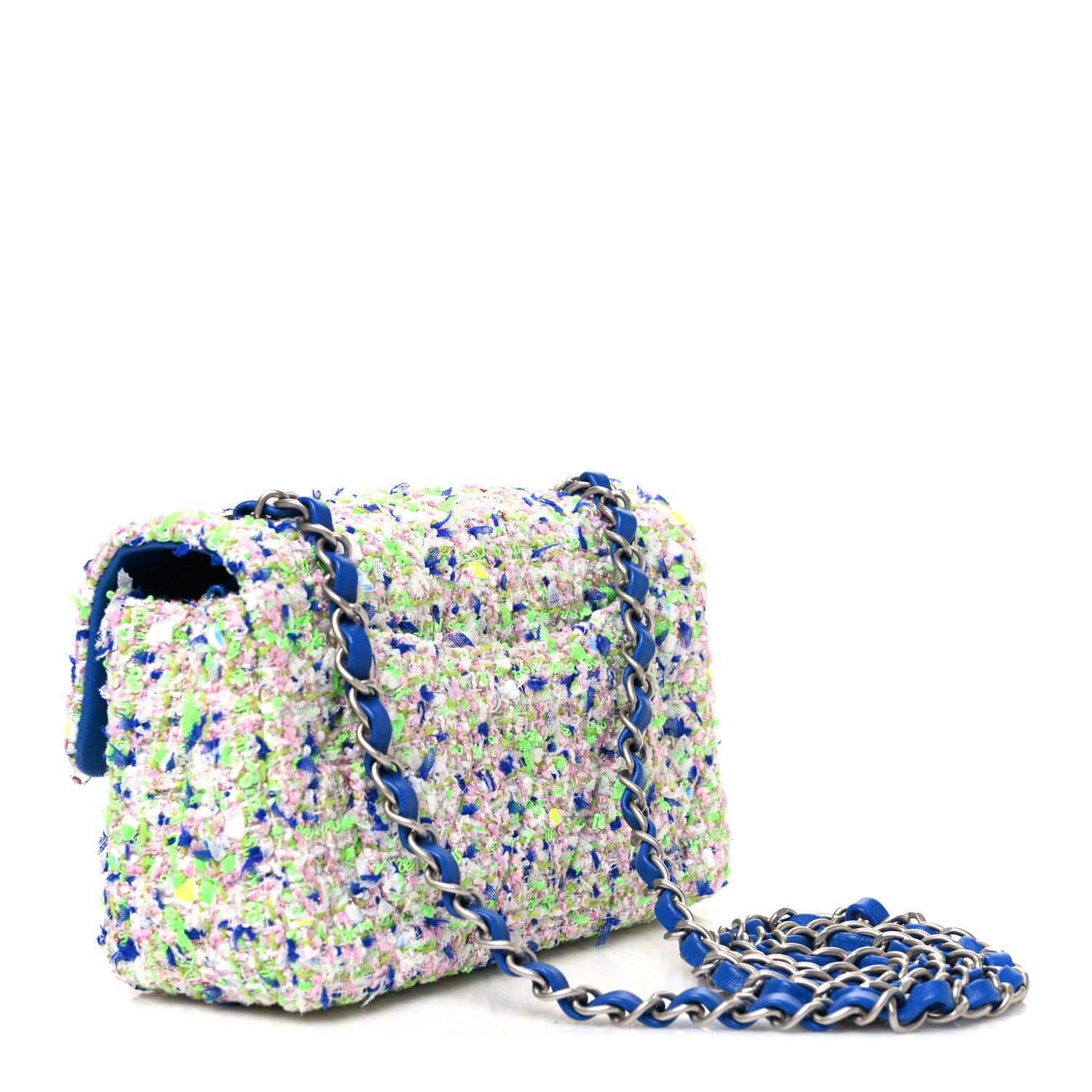 Chanel Tweed Quilted Mini Rectangular Flap White Blue Green 3 of 10
