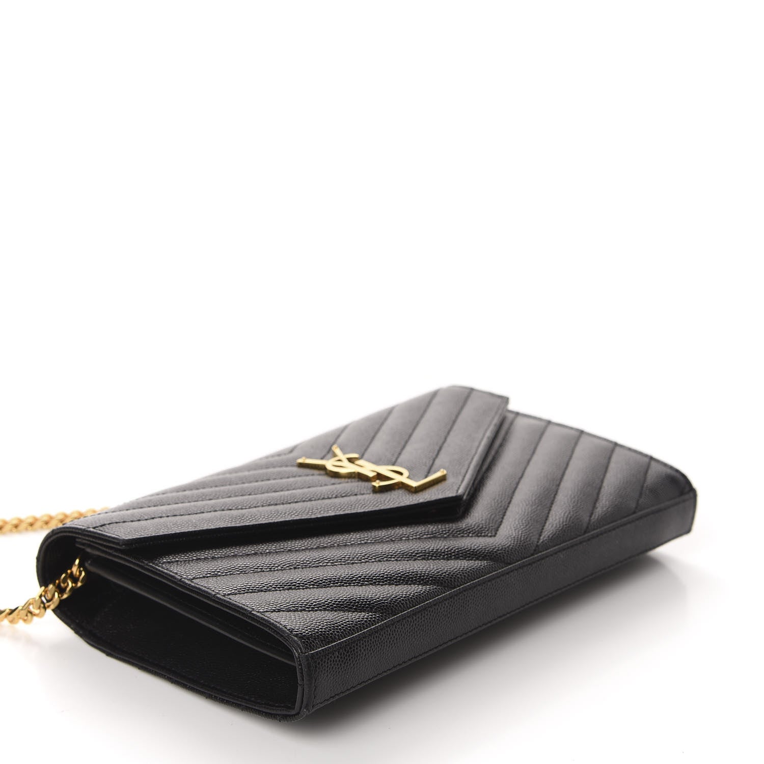 Saint Laurent Grain De Poudre Matelasse Chevron Monogram Chain Wallet Black 4 of 11