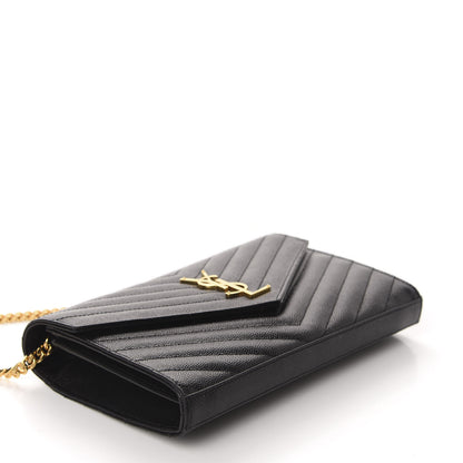 Saint Laurent Grain De Poudre Matelasse Chevron Monogram Chain Wallet Black 4 of 11