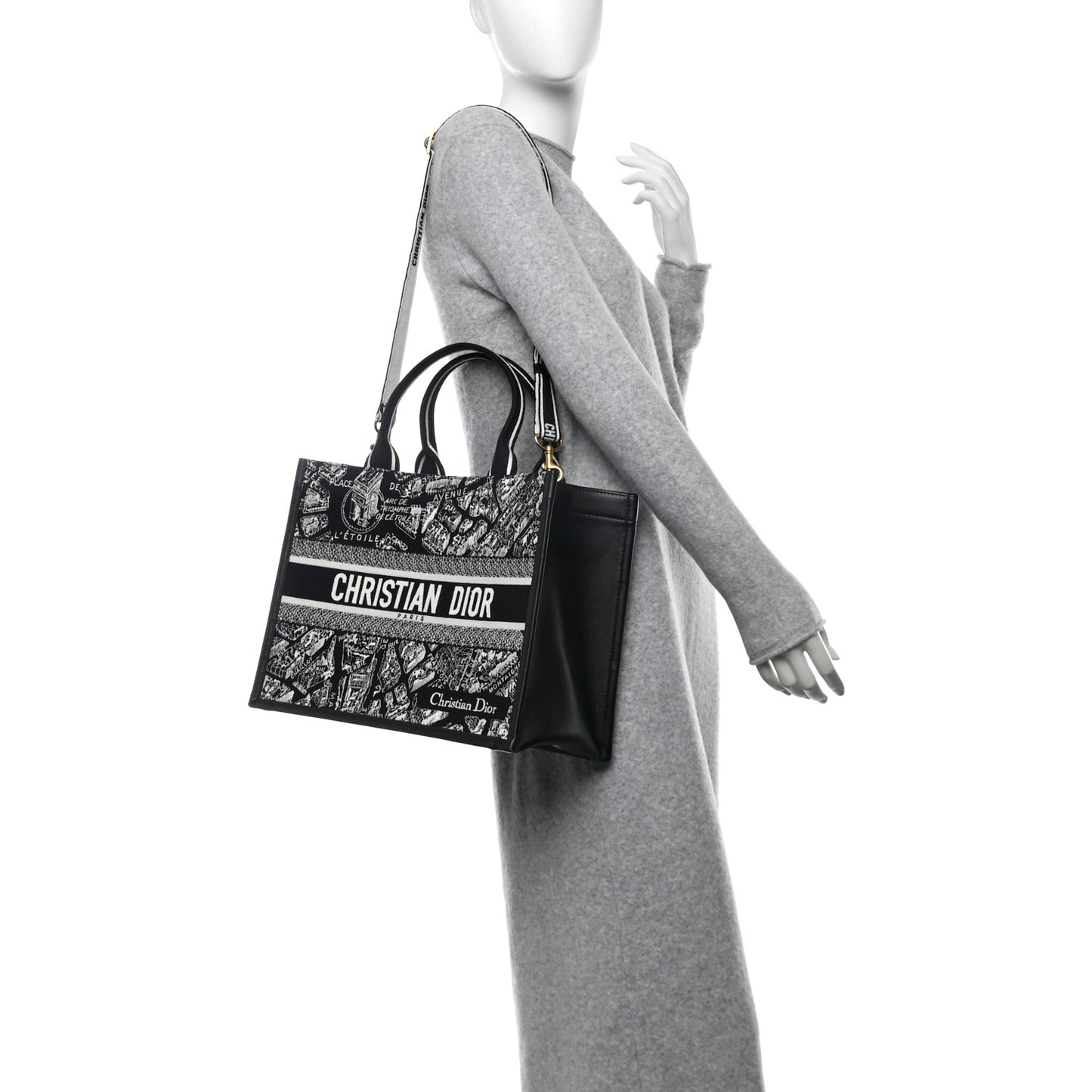 Calfskin Canvas Medium Plan De Paris Book Tote With Strap Black White