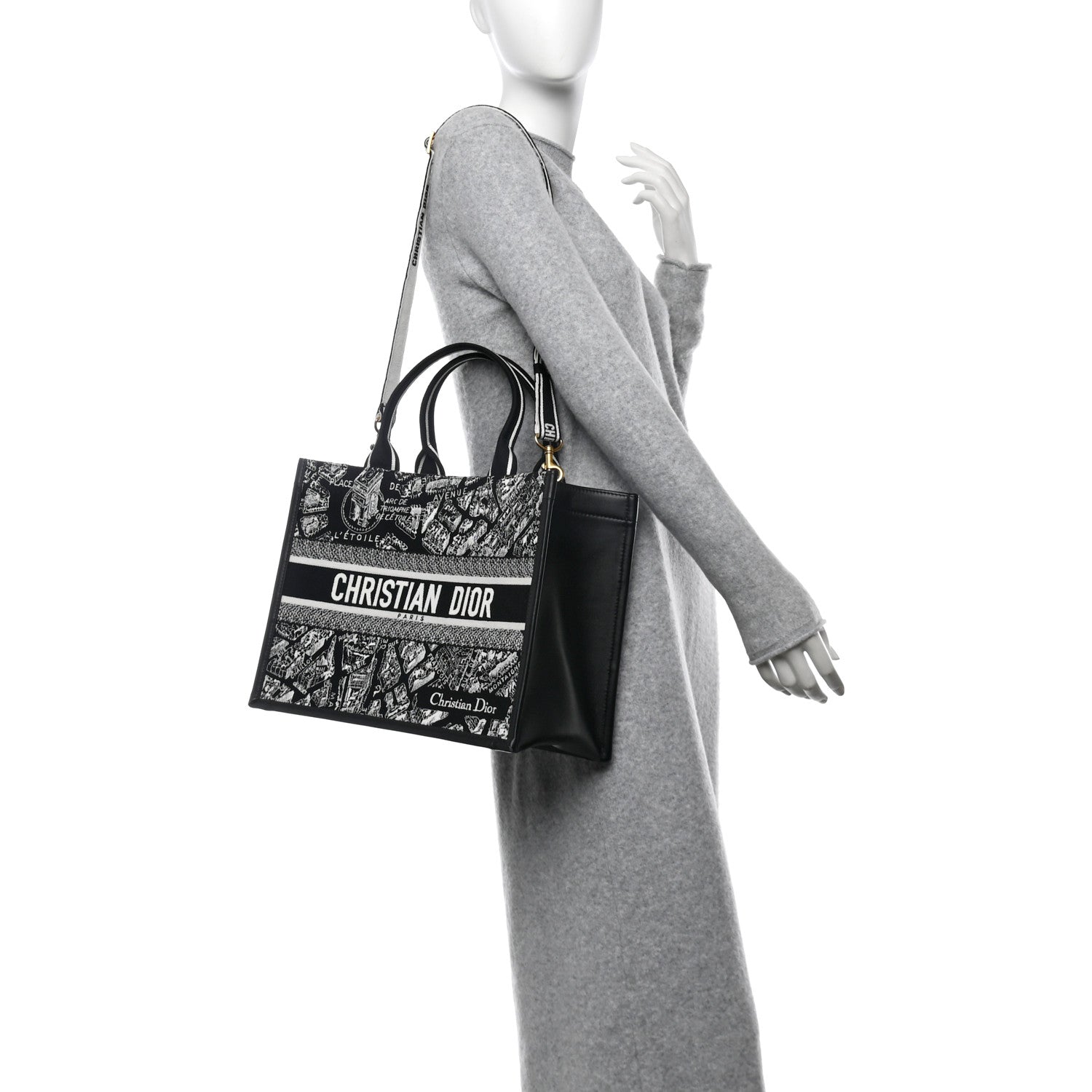 Christian Dior Calfskin Canvas Medium Plan De Paris Book Tote With Strap Black White 2 of 15