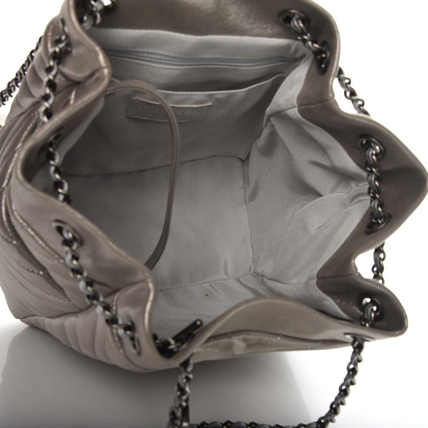 Iridescent Calfskin Chevron Small Urban Spirit Drawstring Bag Silver