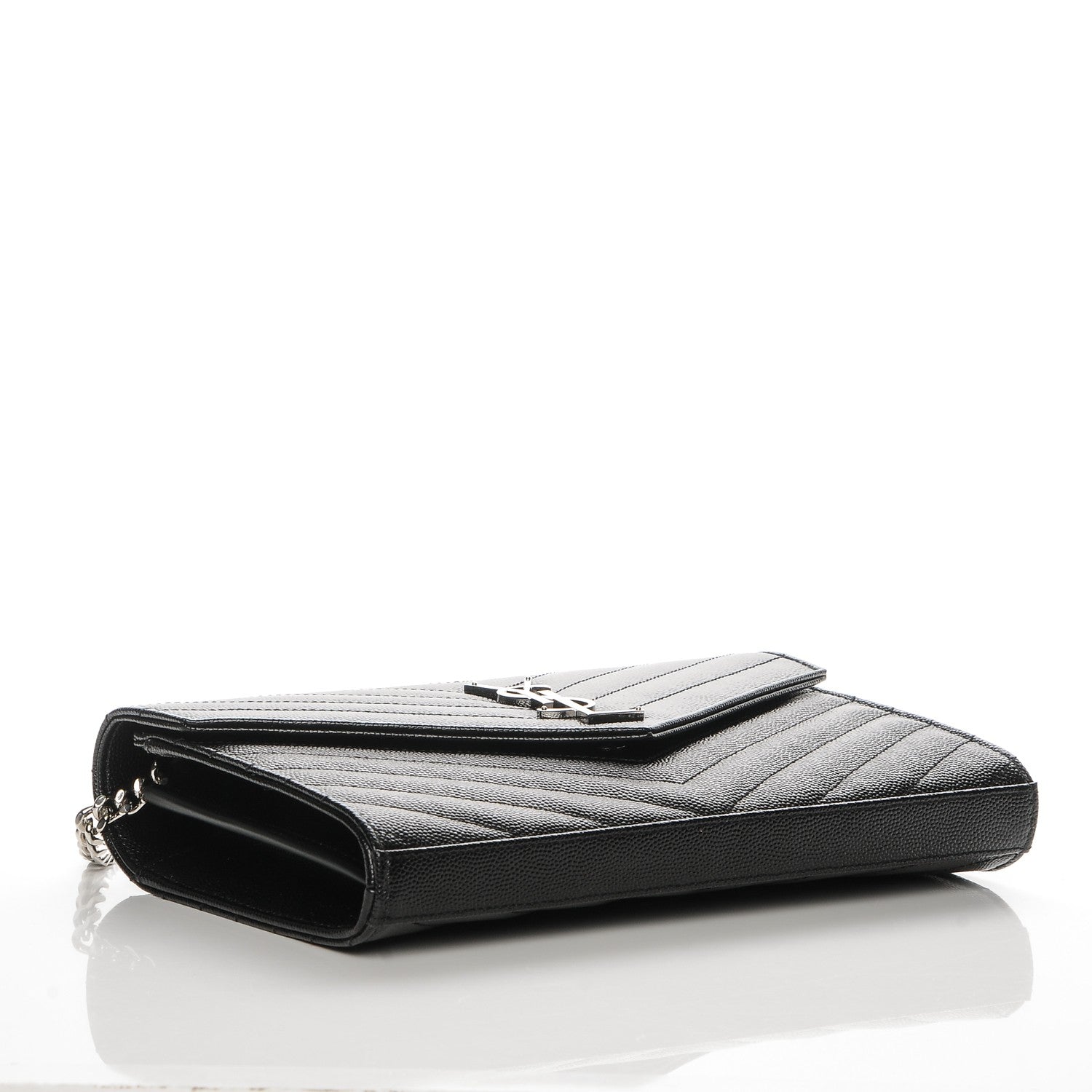 Saint Laurent Grain De Poudre Matelasse Chevron Medium Monogram Chain Wallet Black 4 of 6