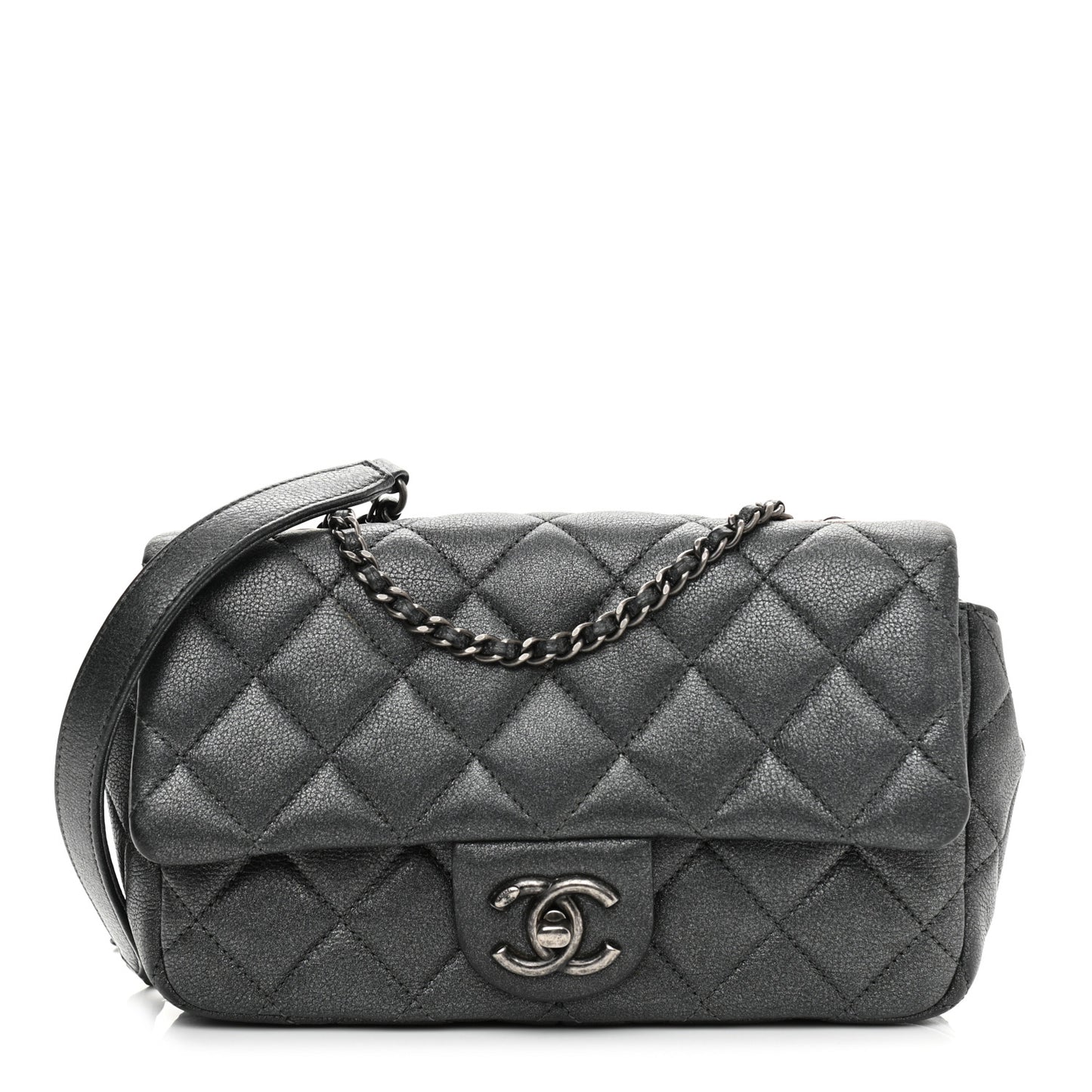 Iridescent Goatskin Quilted Small CC Eyelet Flap Dark Silver