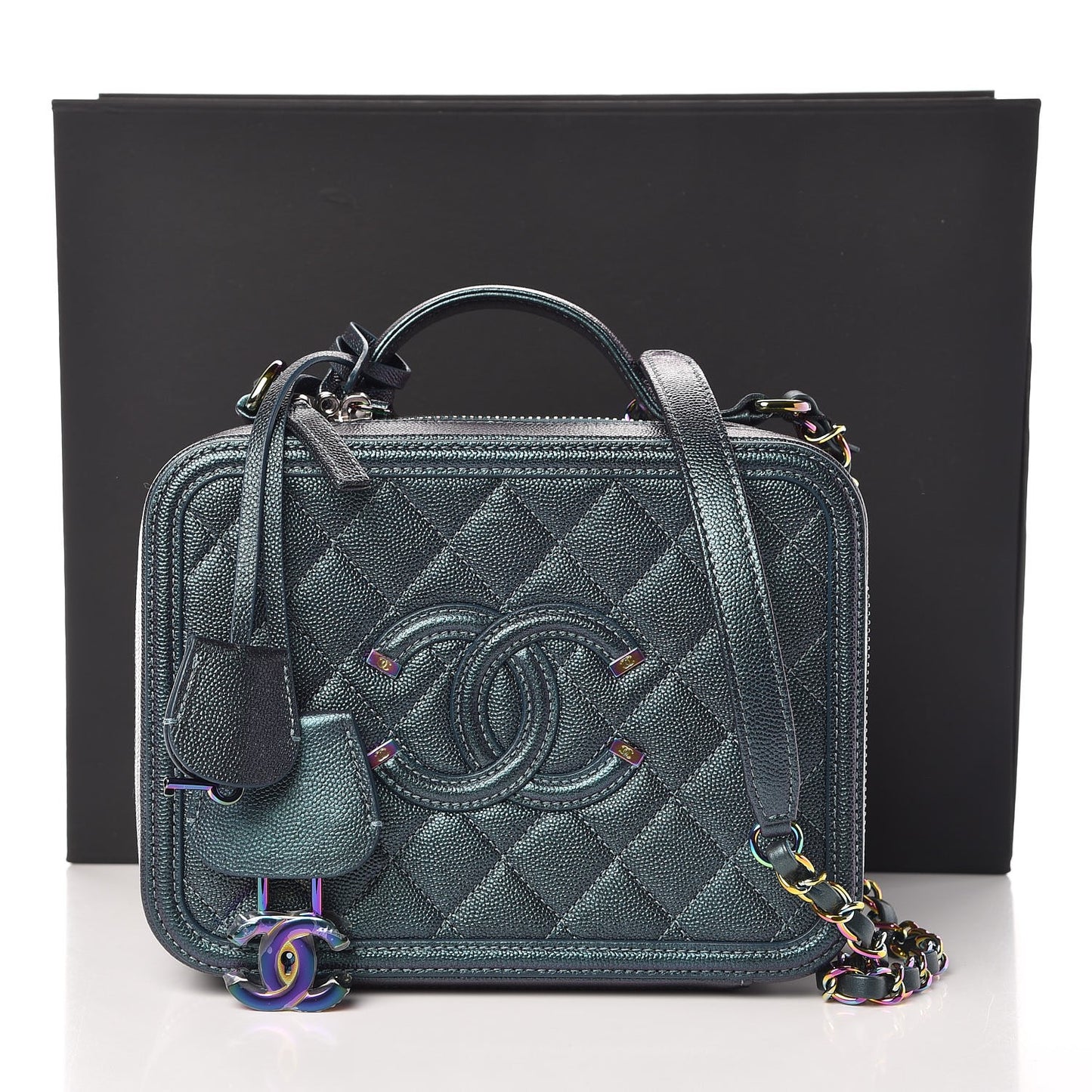 Iridescent Caviar Quilted Medium CC Filigree Vanity Case Dark Turquoise