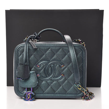 Chanel Iridescent Caviar Quilted Medium CC Filigree Vanity Case Dark Turquoise 8 of 8