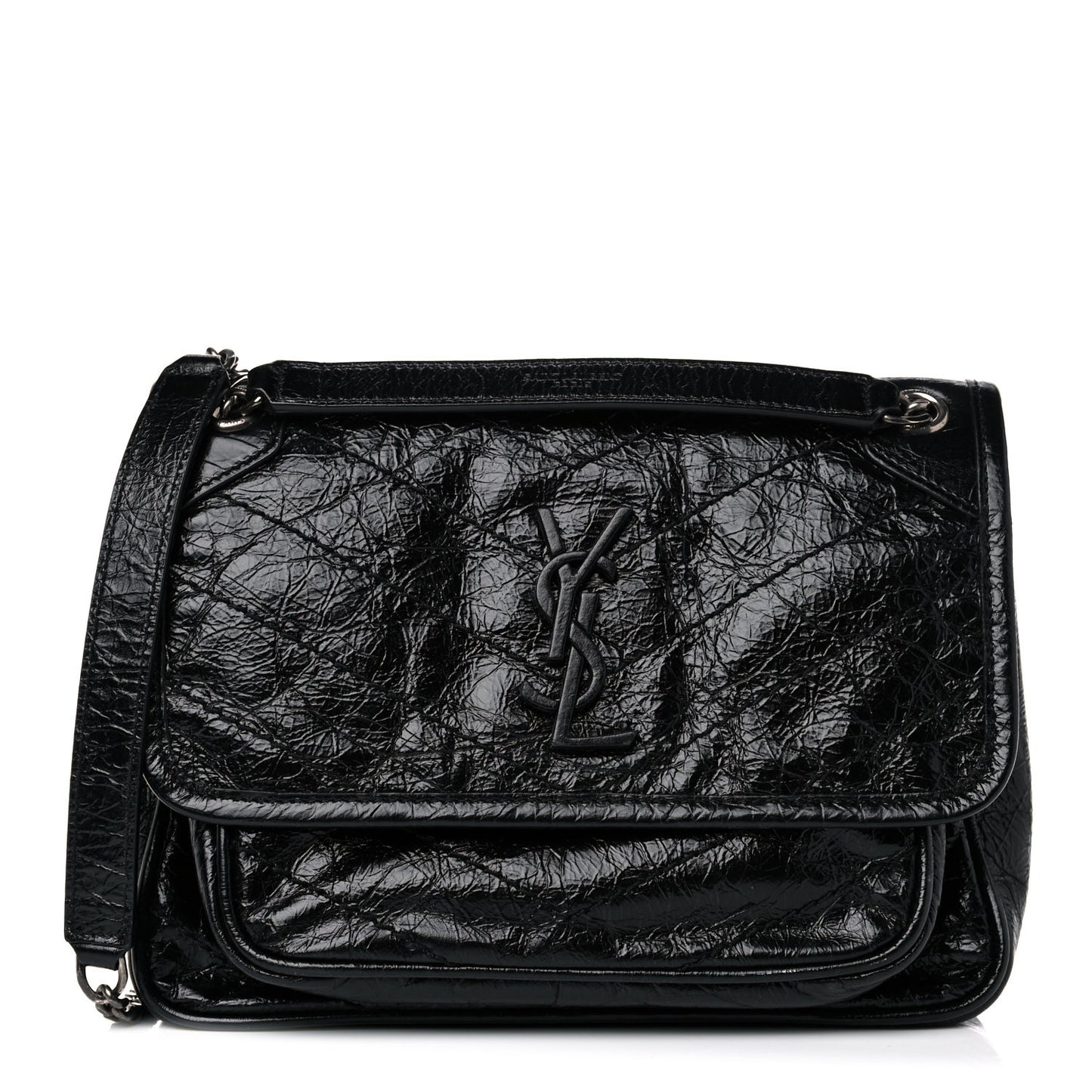Crinkled Calfskin Matelasse Monogram Baby Niki Chain Satchel Black