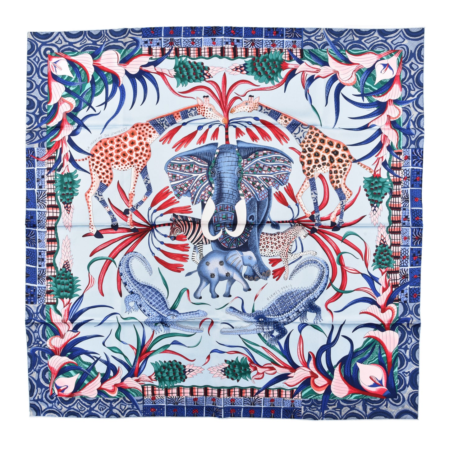 Silk Twill La Marche Du Zambeze Wash Scarf 90 Bleu Ciel Bleu Jean Rose