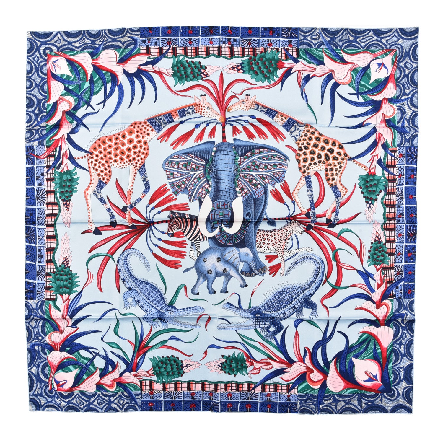 Hermes Silk Twill La Marche Du Zambeze Wash Scarf 90 Bleu Ciel Bleu Jean Rose 1 of 5
