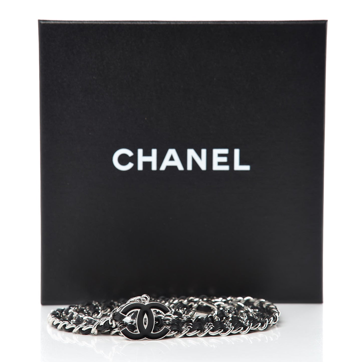 Lambskin Enamel CC Chain Belt Black Silver