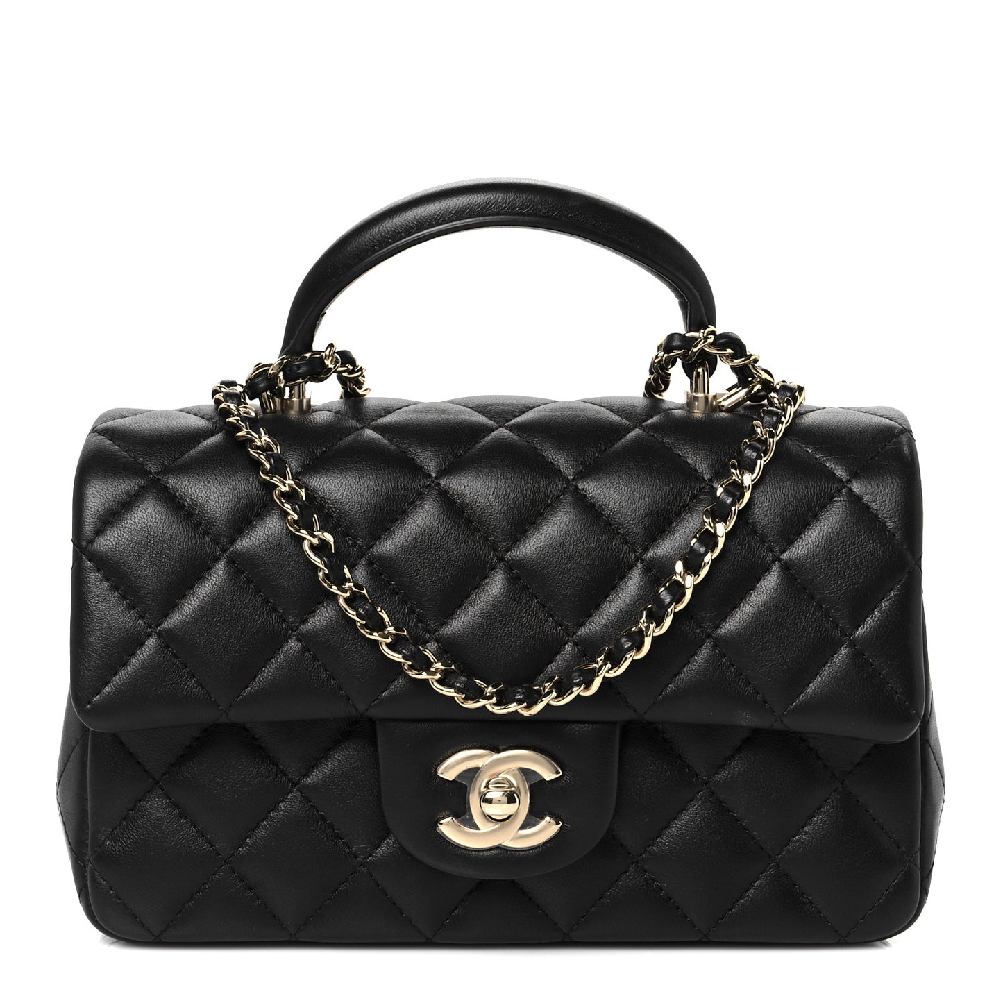 Lambskin Quilted Mini Top Handle Rectangular Flap Black
