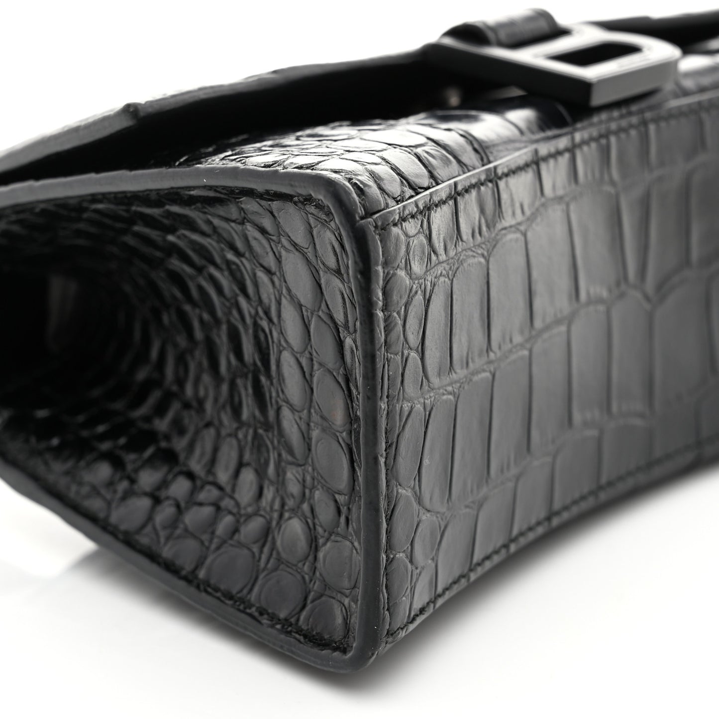 Shiny Calfskin Monochrome Crocodile Embossed Hourglass Top Handle Bag XS Black