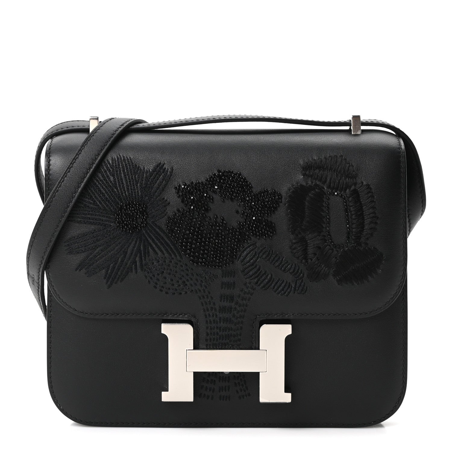 Hermes Swift Dancing Flowers Embroidered Constance 18 Black