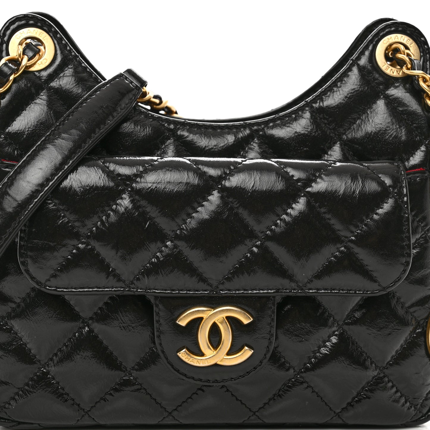 Shiny Crumpled Calfskin Quilted Small Wavy CC Hobo Black