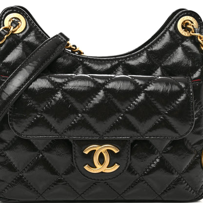 Chanel Shiny Crumpled Calfskin Quilted Small Wavy CC Hobo Black 5 of 11