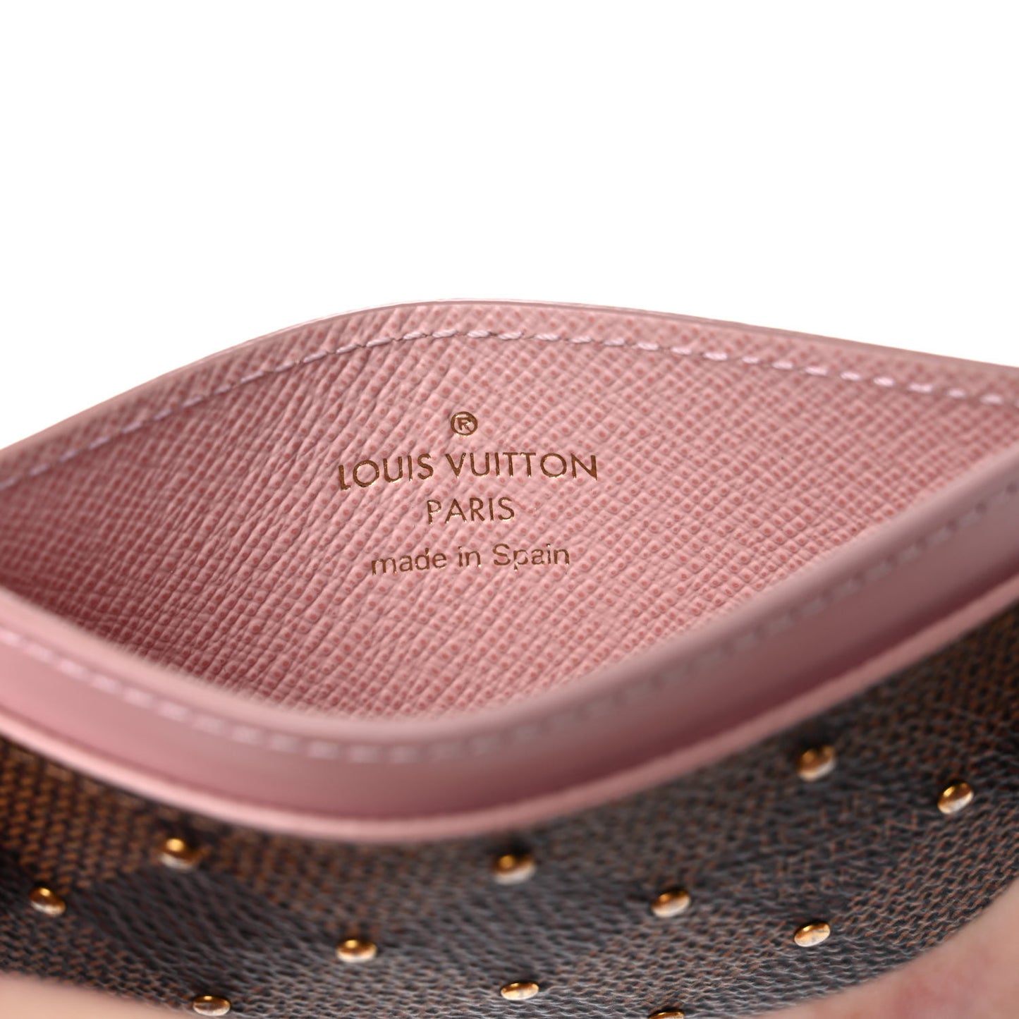 Damier Ebene Studded Card Holder Rose Ballerine