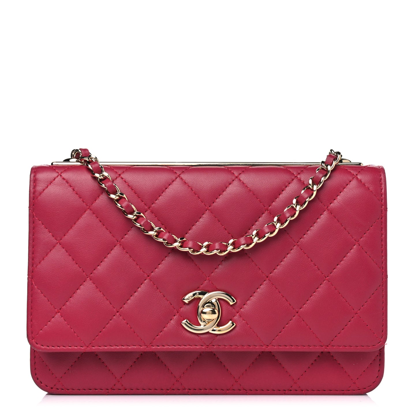 Lambskin Quilted Trendy CC Wallet On Chain WOC Dark Pink