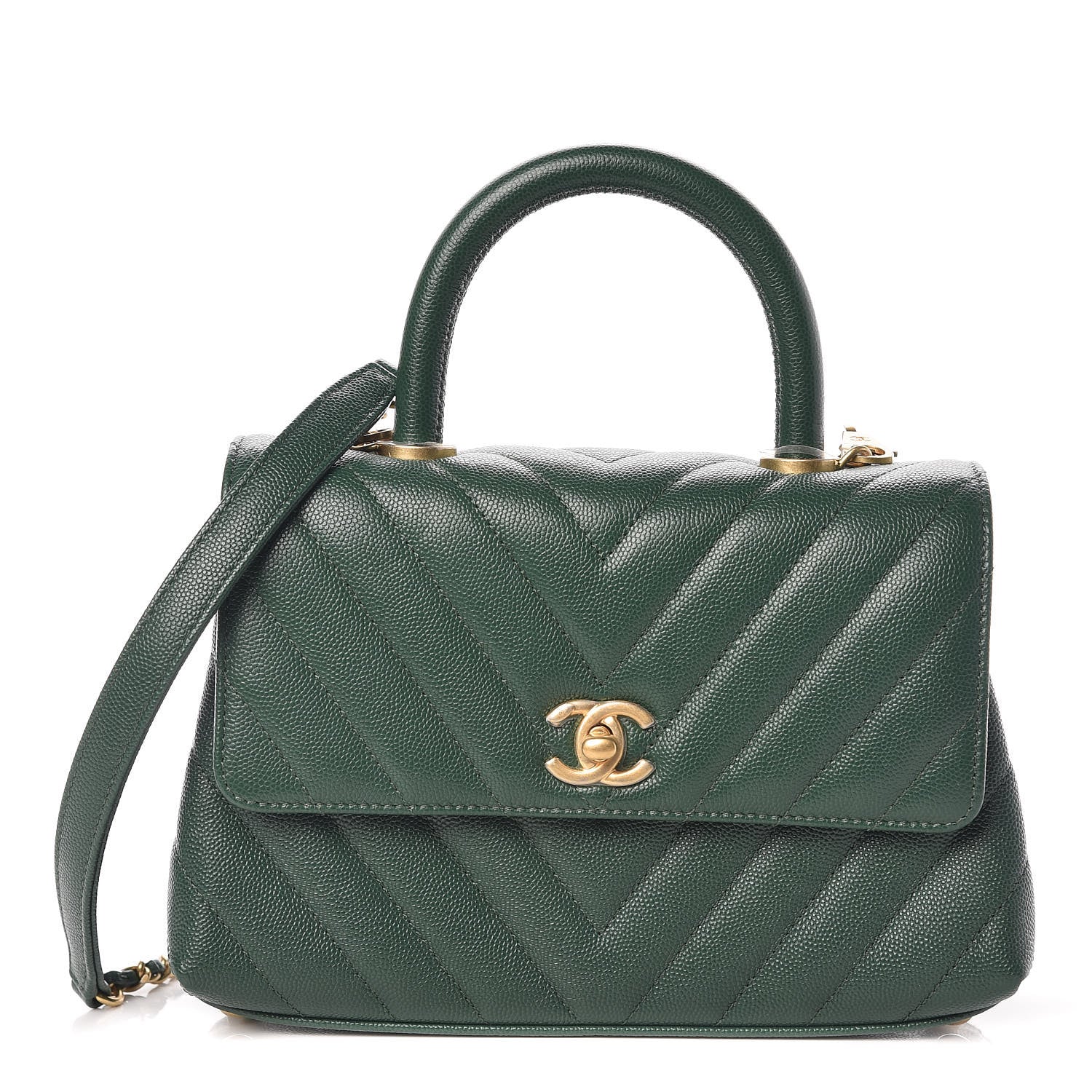 Chanel Caviar Chevron Quilted Mini Coco Handle Flap Green 1 of 10