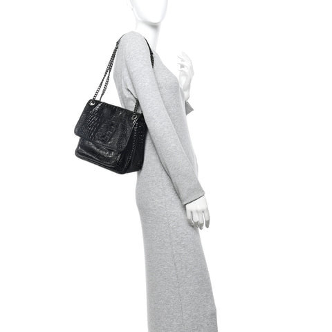 Patent Crocodile Embossed Lambskin Monogram Medium Niki Chain Satchel Black