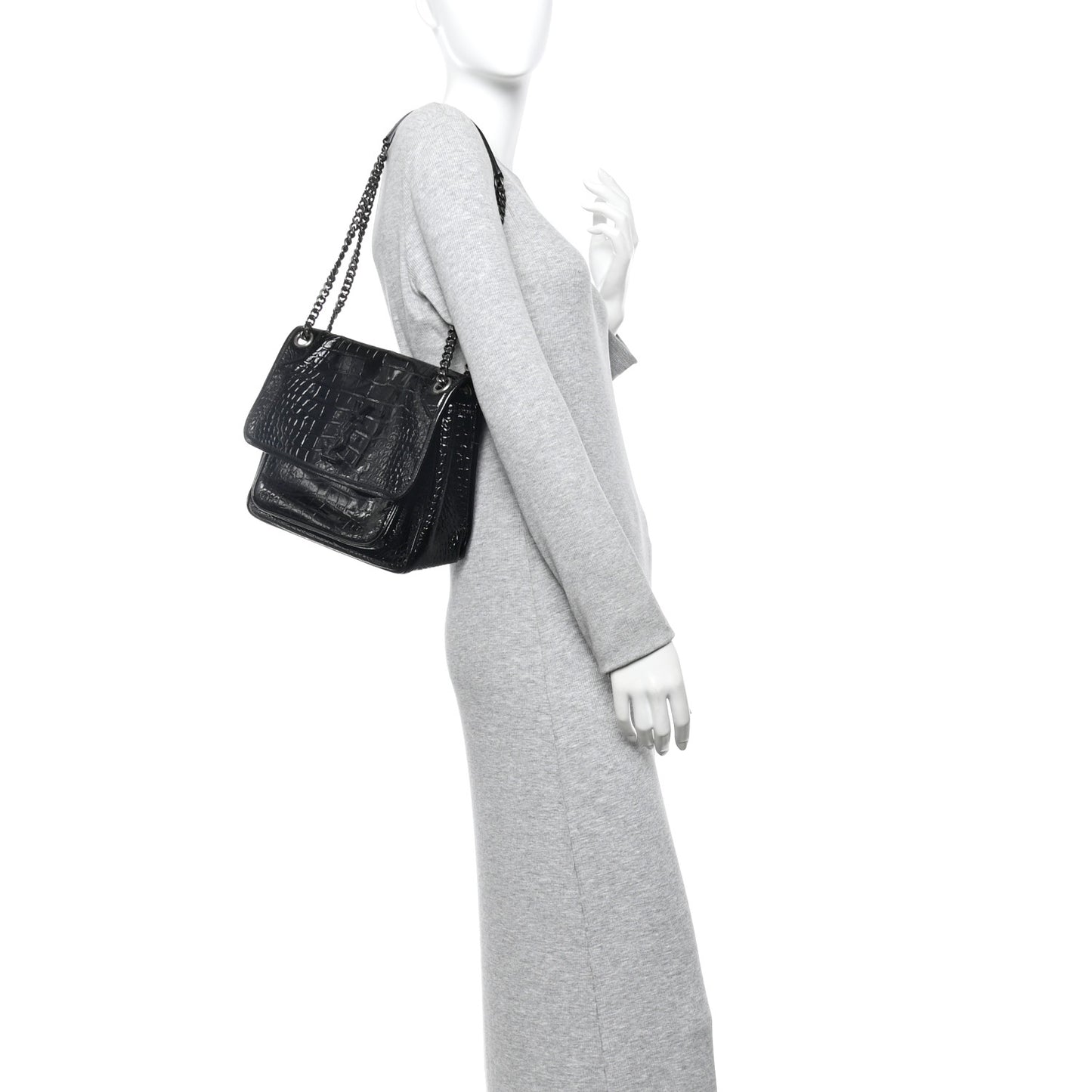 Patent Crocodile Embossed Lambskin Monogram Medium Niki Chain Satchel Black