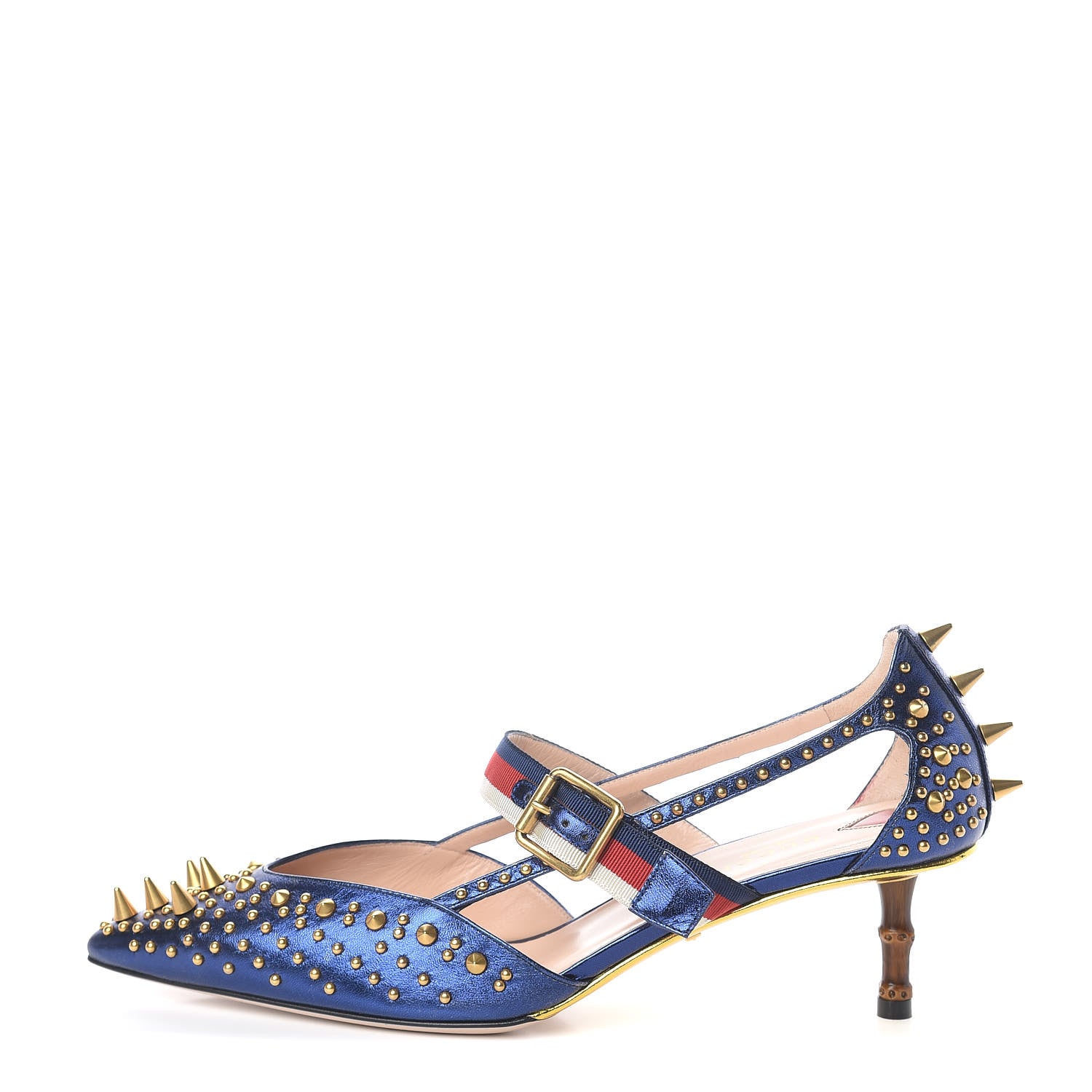 Gucci Metallic Nappa Silk Grosgrain Studded Sylvie Web Bamboo Low Heel Pumps 39.5 Sapphire 1 of 9